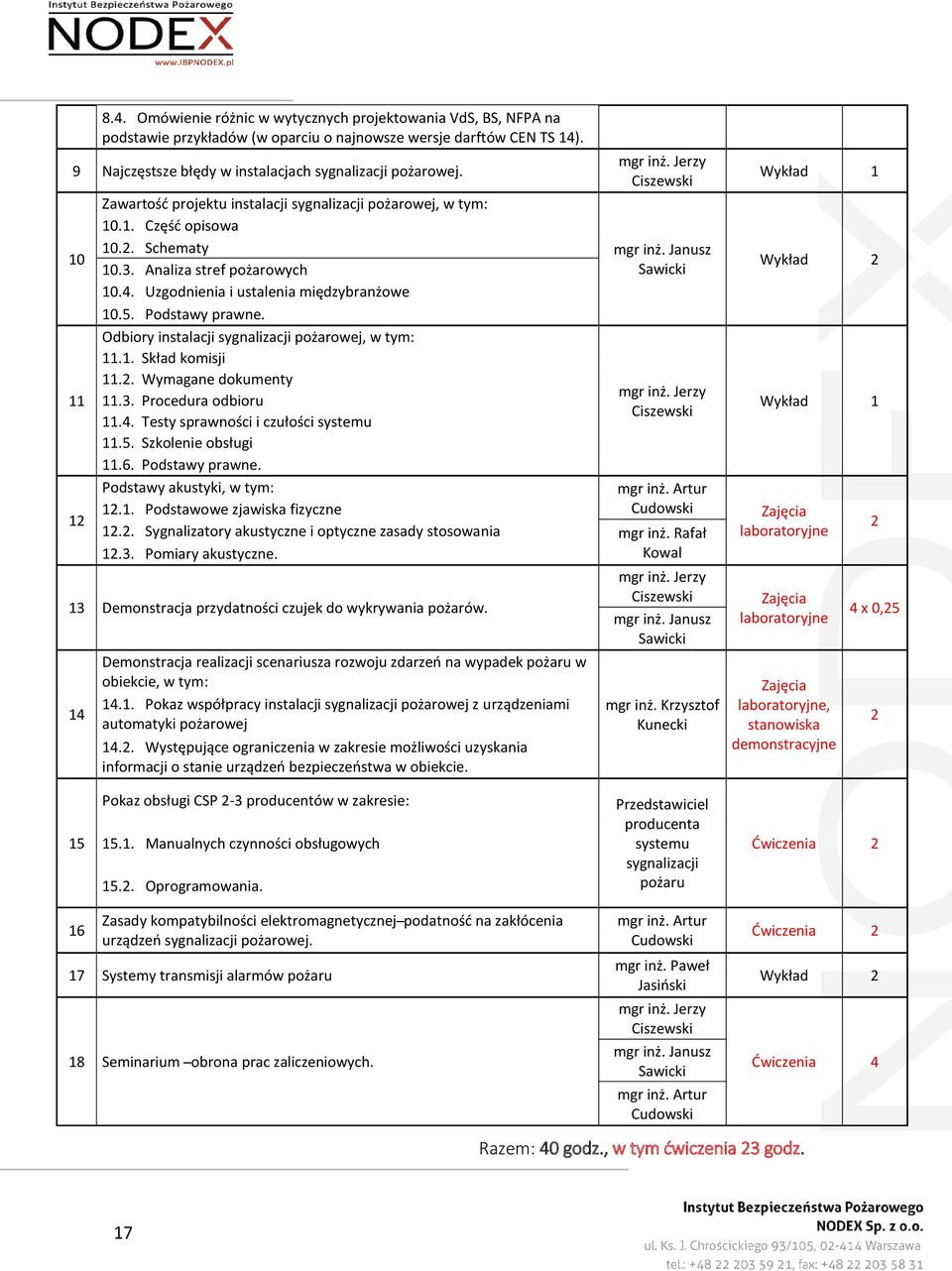 Odbiory instalacji sygnalizacji pożarowej, w tym: 11.1. Skład komisji 11 11.2. Wymagane dokumenty 11.3. Procedura odbioru 11.4. Testy sprawności i czułości systemu 11.5. Szkolenie obsługi 11.6.