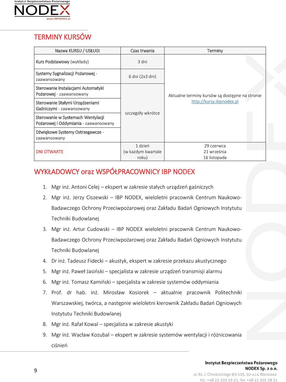 szczegóły wkrótce 1 dzień (w każdym kwartale roku) Aktualne terminy kursów są dostępne na stronie http://kursy.ibpnodex.