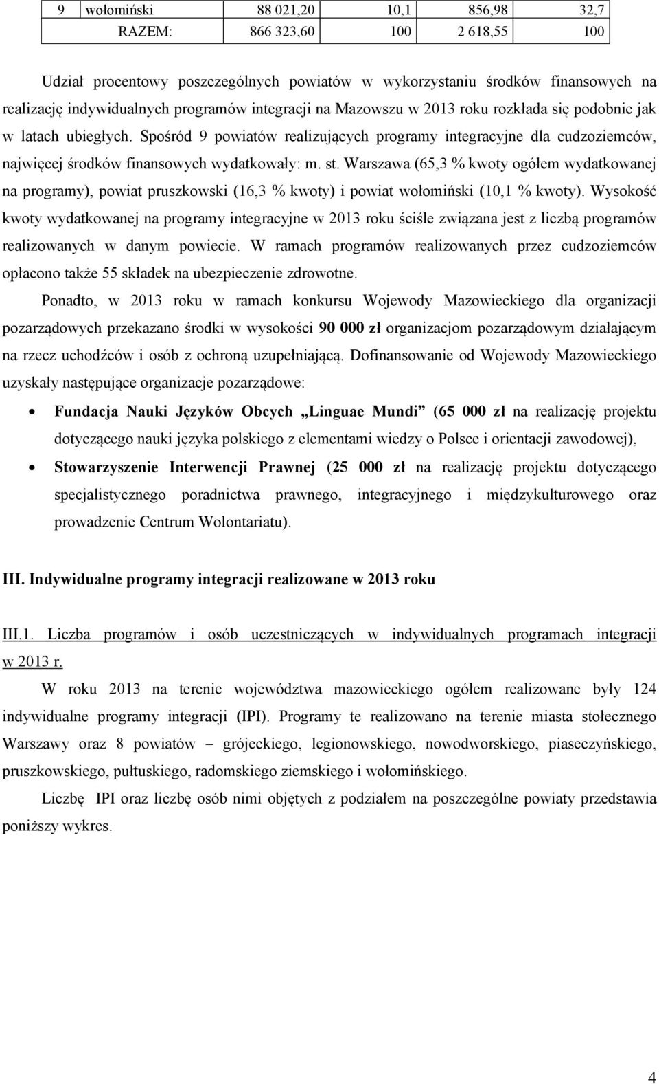 Warszawa (,3 % kwoty ogółem wydatkowanej na programy), powiat pruszkowski (,3 % kwoty) i powiat wołomiński (, % kwoty).
