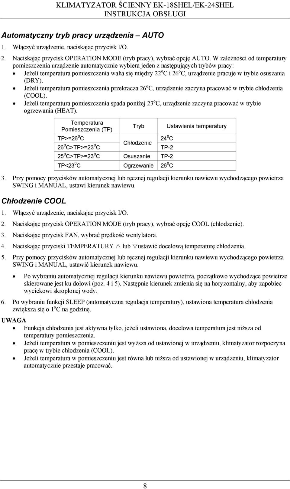trybie osuszania (DRY). Jeżeli temperatura pomieszczenia przekracza 26 o C, urządzenie zaczyna pracować w trybie chłodzenia (COOL).