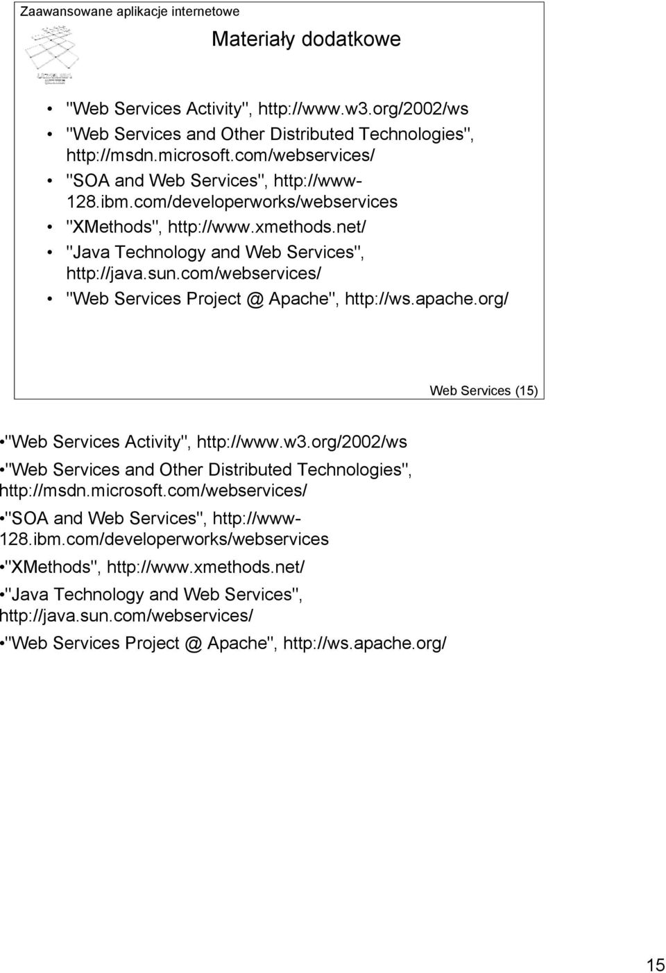 com/webservices/ "Web Services Project @ Apache", http://ws.apache.org/ Web Services (15) "Web Services Activity", http://www.w3.