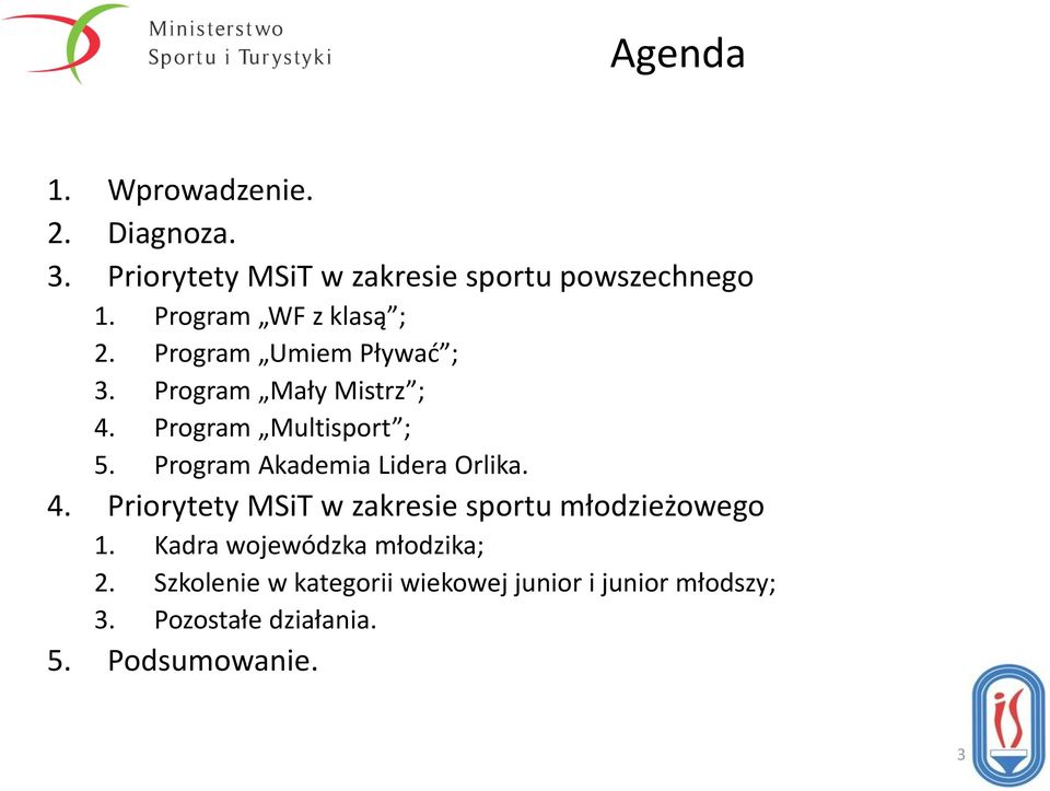 Program Akademia Lidera Orlika. 4. Priorytety MSiT w zakresie sportu młodzieżowego 1.