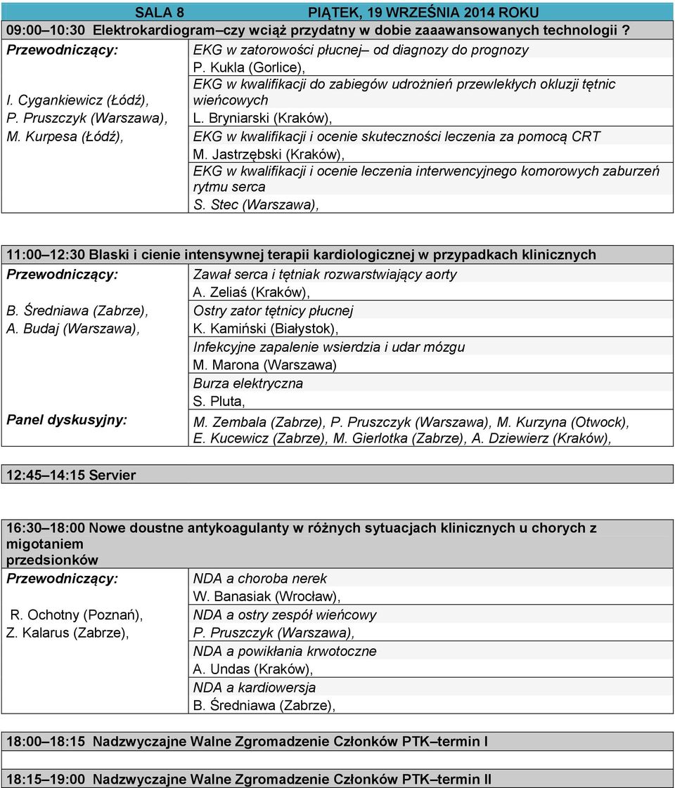 Kurpesa (Łódź), EKG w kwalifikacji i ocenie skuteczności leczenia za pomocą CRT M. Jastrzębski (Kraków), EKG w kwalifikacji i ocenie leczenia interwencyjnego komorowych zaburzeń rytmu serca S.