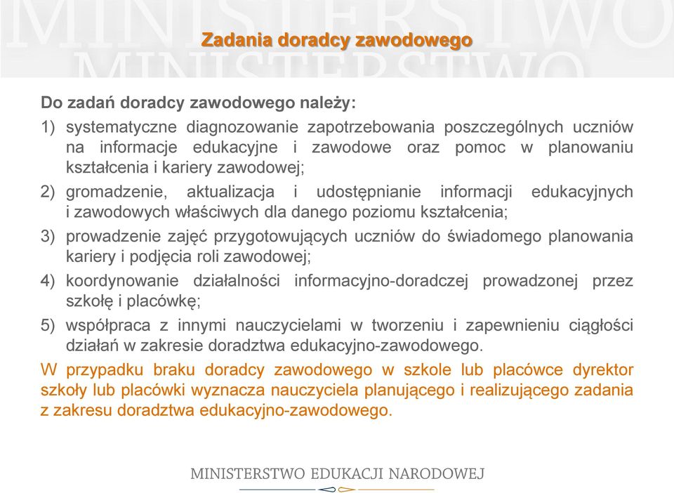 uczniów do świadomego planowania kariery i podjęcia roli zawodowej; 4) koordynowanie działalności informacyjno-doradczej prowadzonej przez szkołę i placówkę; 5) współpraca z innymi nauczycielami w