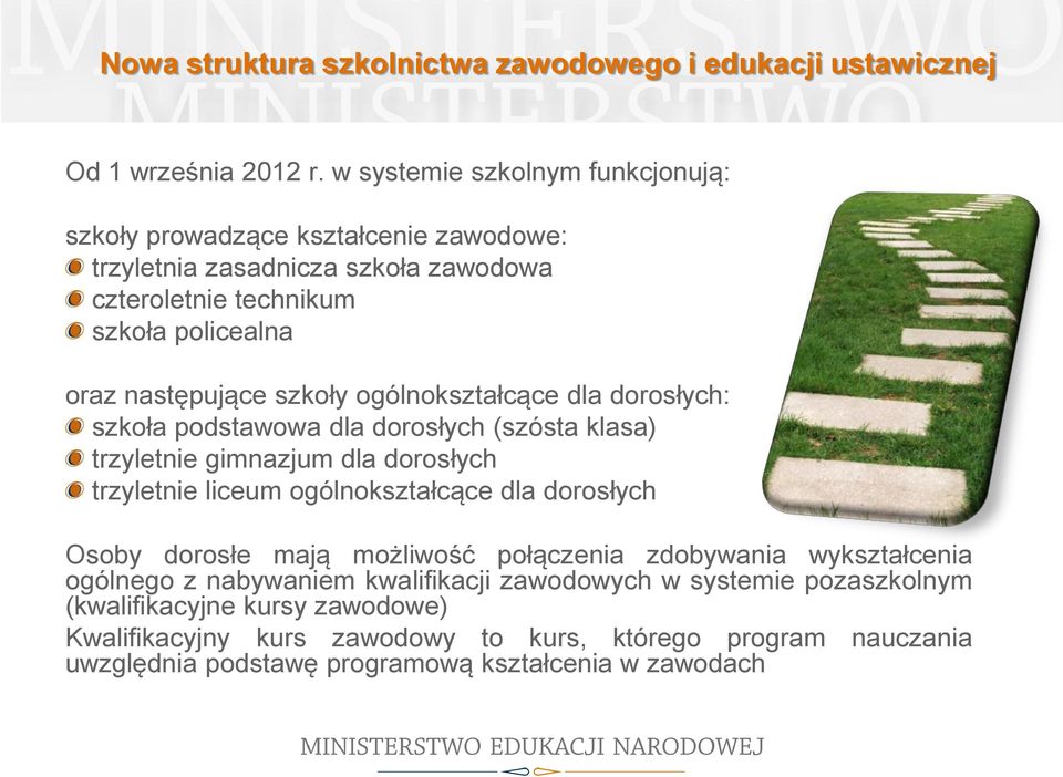 ogólnokształcące dla dorosłych: szkoła podstawowa dla dorosłych (szósta klasa) trzyletnie gimnazjum dla dorosłych trzyletnie liceum ogólnokształcące dla dorosłych Osoby dorosłe