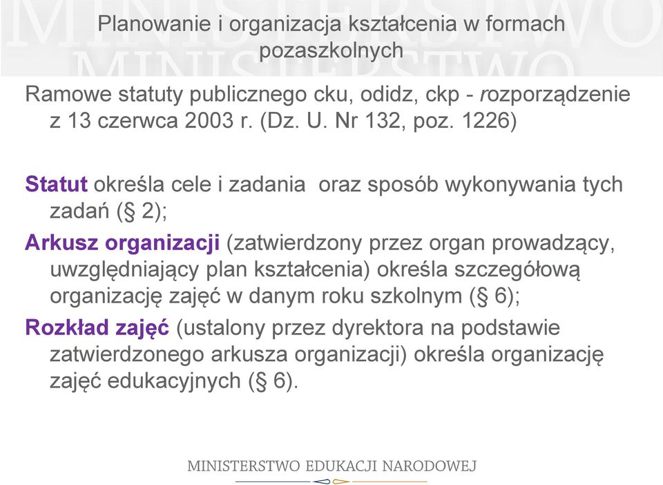 1226) Statut określa cele i zadania oraz sposób wykonywania tych zadań ( 2); Arkusz organizacji (zatwierdzony przez organ