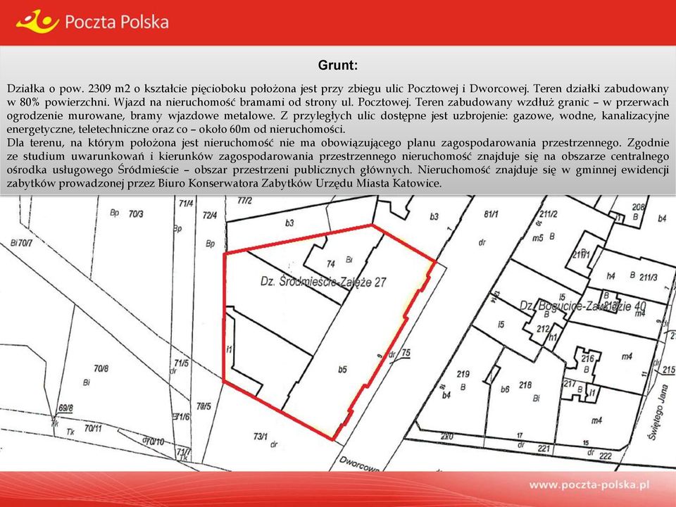 Z przyległych ulic dostępne jest uzbrojenie: gazowe, wodne, kanalizacyjne energetyczne, teletechniczne oraz co około 60m od nieruchomości.