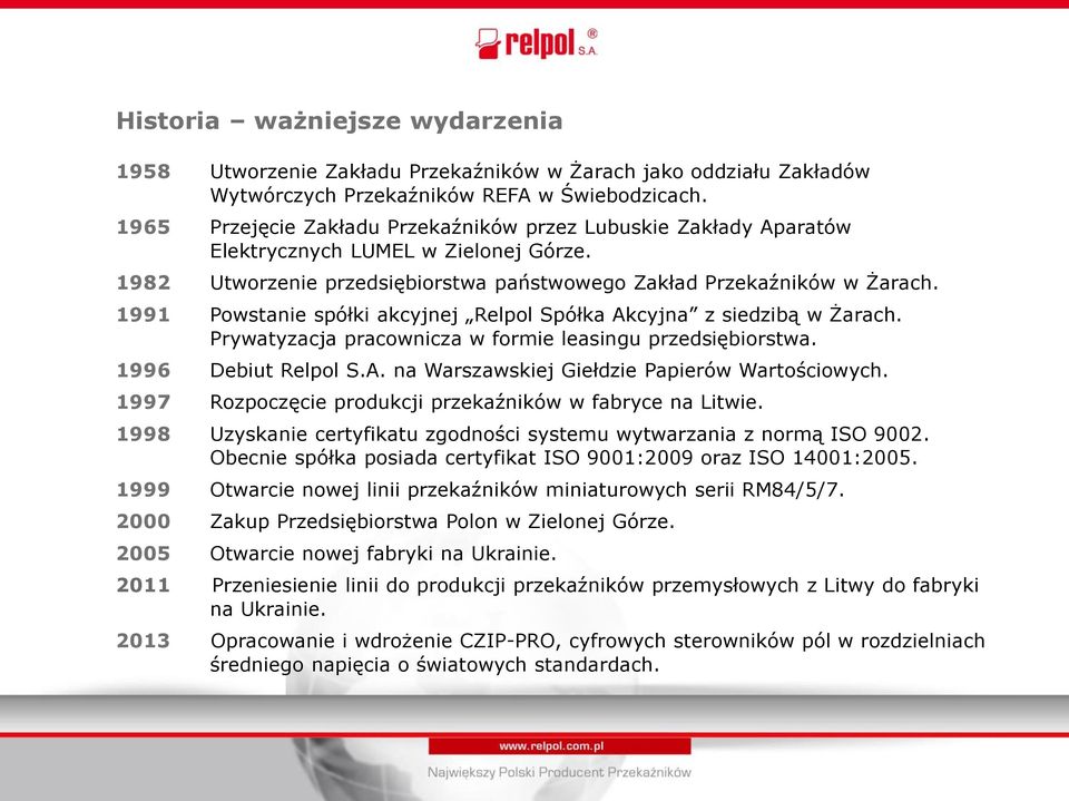 1991 Powstanie spółki akcyjnej Relpol Spółka Akcyjna z siedzibą w Żarach. Prywatyzacja pracownicza w formie leasingu przedsiębiorstwa. 1996 Debiut Relpol S.A. na Warszawskiej Giełdzie Papierów Wartościowych.