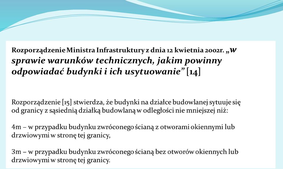 budynki na działce budowlanej sytuuje się od granicy z sąsiednią działką budowlaną w odległości nie mniejszej niż: w