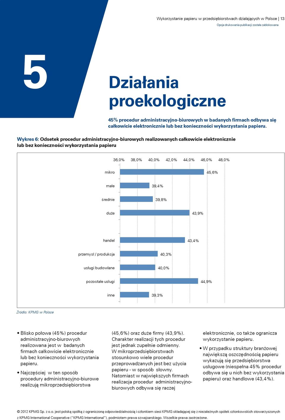 Wykres 6: Odsetek procedur administracyjno-biurowych realizowanych całkowicie elektronicznie lub bez konieczności wykorzystania papieru 36,0% 38,0% 40,0% 42,0% 44,0% 46,0% 48,0% mikro 45,6% małe