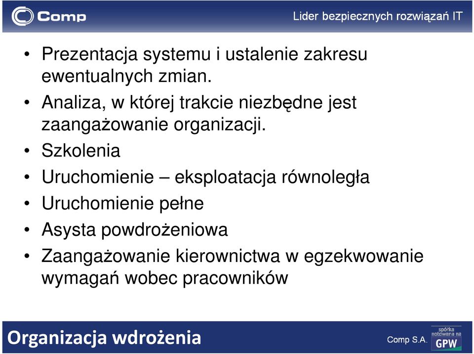 Szkolenia Uruchomienie eksploatacja równoległa Uruchomienie pełne Asysta