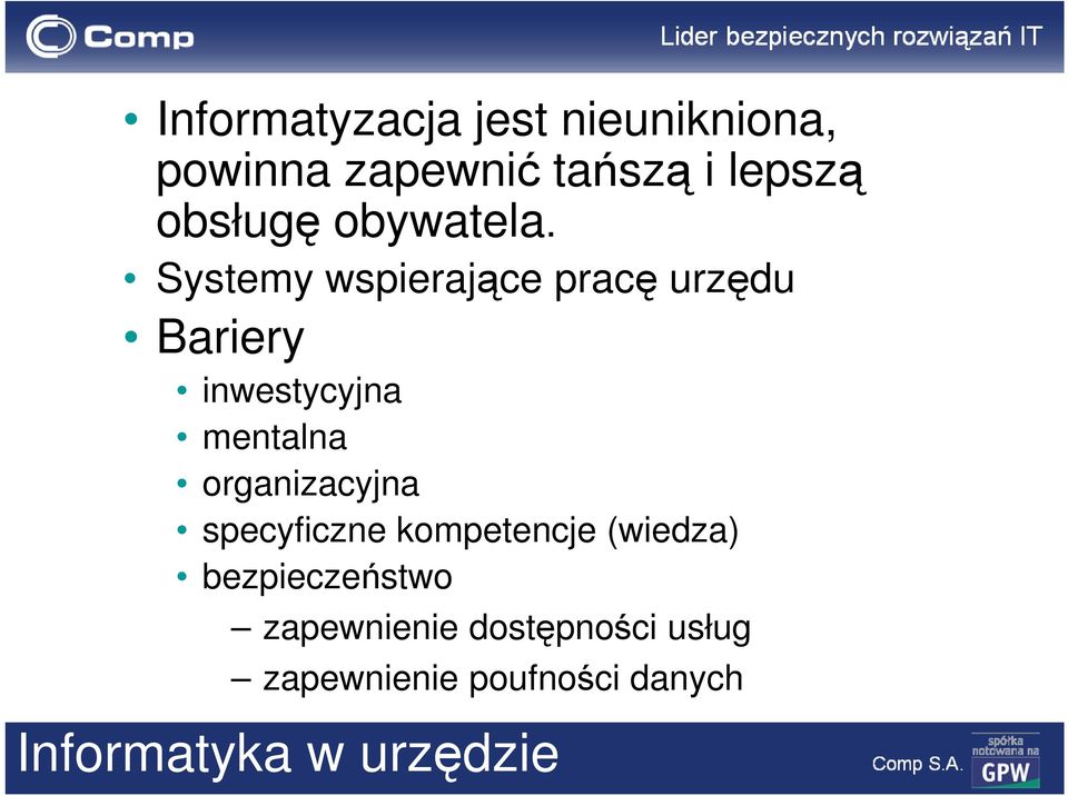 Systemy wspierające pracę urzędu Bariery inwestycyjna mentalna