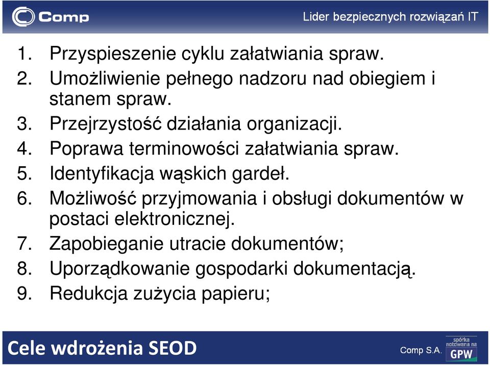 Identyfikacja wąskich gardeł. 6. Możliwość przyjmowania i obsługi dokumentów w postaci elektronicznej. 7.