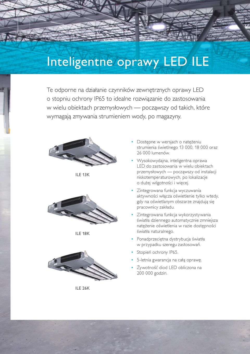 ILE 13K W ysokowydajna, inteligentna oprawa LED do zastosowania w wielu obiektach przemysłowych począwszy od instalacji niskotemperaturowych, po lokalizacje o dużej wilgotności i więcej.