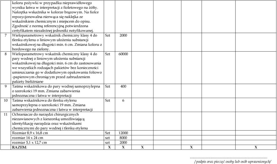 7 Wieloparametrowy wskaźnik chemiczny klasy 4 do Szt 2000 tlenku etylenu o liniowym ułożeniu substancji wskaźnikowej na długości min. 6 cm. Zmiana koloru z bordowego na zielony.