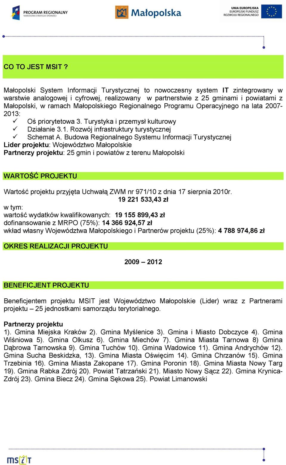 Małopolskiego Regionalnego Programu Operacyjnego na lata 2007-2013: Oś priorytetowa 3. Turystyka i przemysł kulturowy Działanie 3.1. Rozwój infrastruktury turystycznej Schemat A.