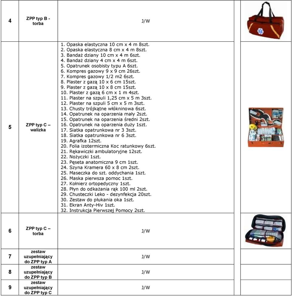 Plaster na szpuli 1,25 cm x 5 m 3szt. 12. Plaster na szpuli 5 cm x 5 m 3szt. 13. Chusty trójkątne włókninowa 6szt. 14. Opatrunek na oparzenia mały 2szt. 15. Opatrunek na oparzenia średni 2szt. 16.