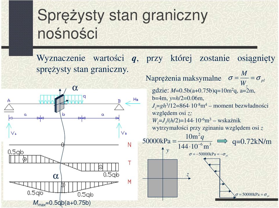 06m, J z =gh 3 /12=864 10-8 m 4 moment bezwładności względem osi z; W z =J z /(h/2)=144 10-6 m 3 wskaźnik