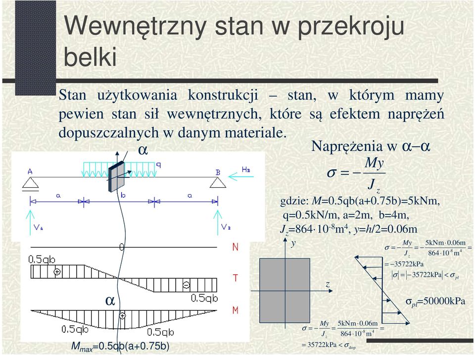 75b)=5kNm, q=0.5kn/m, a=2m, b=4m, J z =864 10-8 m 4, y=h/2=0.06m y z y 5kNm 0.