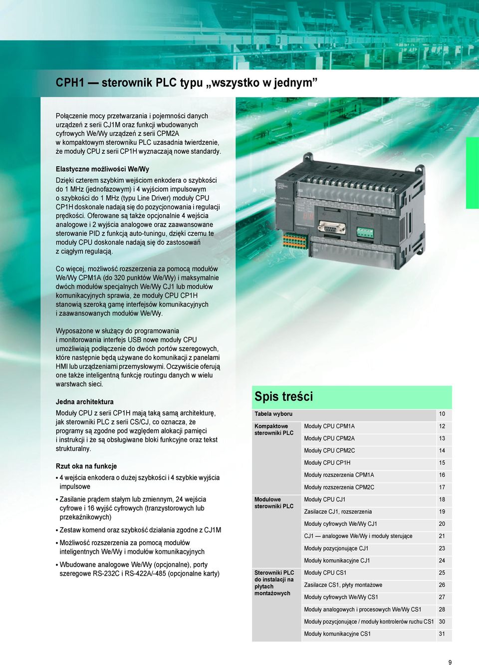 Elastyczne możliwości Dzięki czterem szybkim wejściom enkodera o szybkości do 1 MHz (jednofazowym) i 4 wyjściom impulsowym o szybkości do 1 MHz (typu Line Driver) moduły CPU CP1H doskonale nadają się