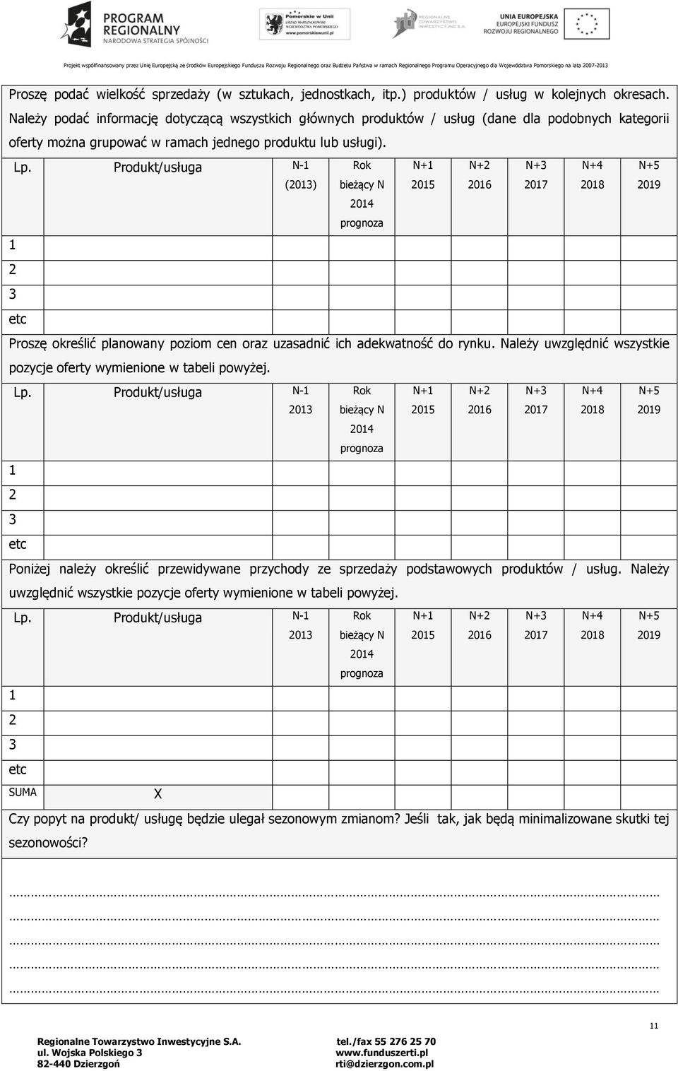 Produkt/usługa N-1 (2013) Rok bieżący N N+1 2015 N+2 2016 N+3 2017 N+4 2018 N+5 2019 2014 prognoza 1 2 3 etc Proszę określić planowany poziom cen oraz uzasadnić ich adekwatność do rynku.