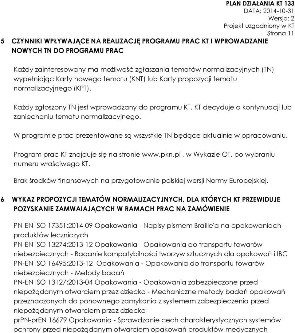 W programie prac prezentowane są wszystkie TN będące aktualnie w opracowaniu. Program prac KT znajduje się na stronie www.pkn.pl, w Wykazie OT, po wybraniu numeru właściwego KT.