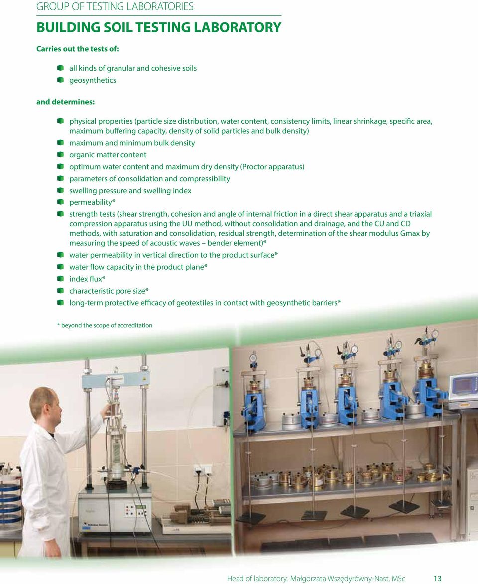 matter content optimum water content and maximum dry density (Proctor apparatus) parameters of consolidation and compressibility swelling pressure and swelling index permeability* strength tests