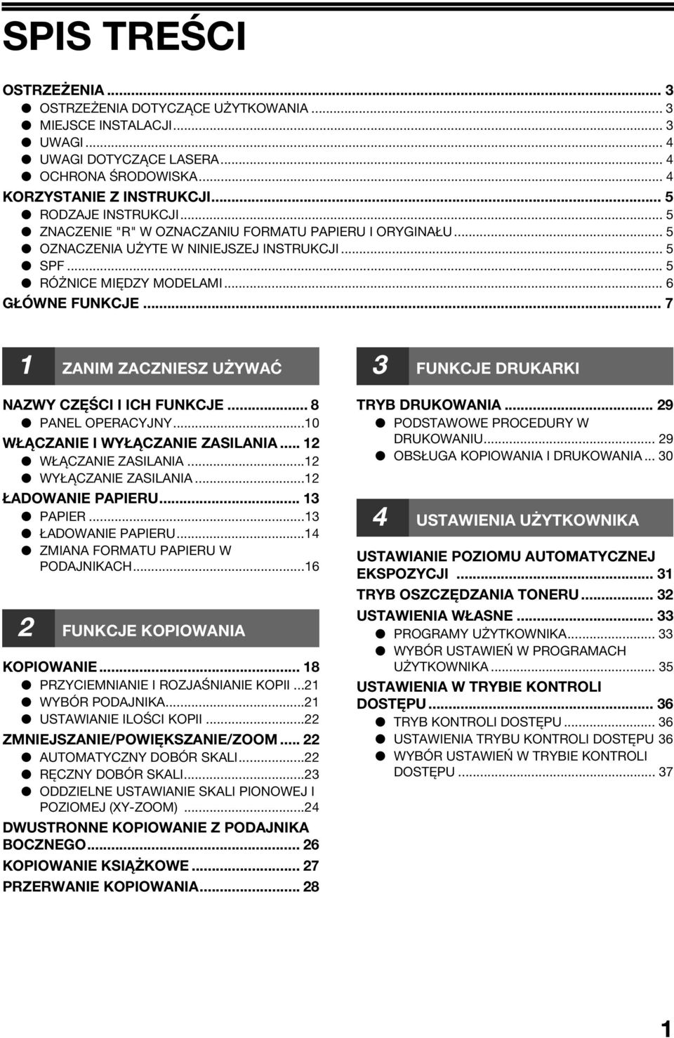 .. 7 ZANIM ZACZNIESZ UŻYWAĆ NAZWY CZĘŚCI I ICH FUNKCJE... 8 PANEL OPERACYJNY...0 WŁĄCZANIE I WYŁĄCZANIE ZASILANIA... WŁĄCZANIE ZASILANIA... WYŁĄCZANIE ZASILANIA... ŁADOWANIE PAPIERU... 3 PAPIER.