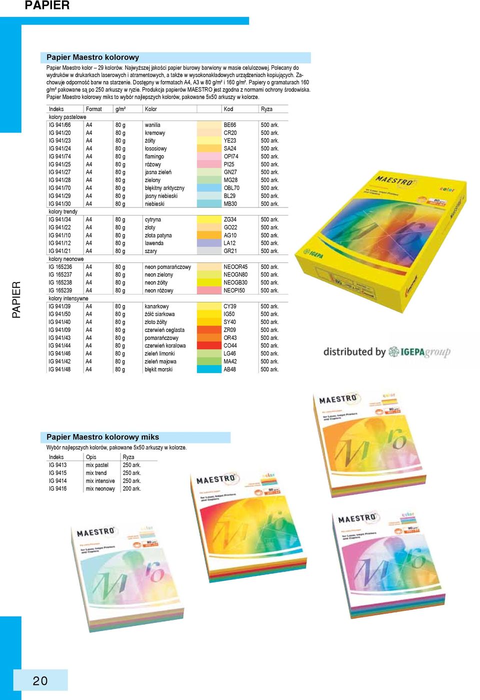 Dostępny w formatach A4, A3 w 80 g/m² i 160 g/m². Papiery o gramaturach 160 g/m² pakowane są po 250 arkuszy w ryzie. Produkcja papierów MAESTRO jest zgodna z normami ochrony środowiska.