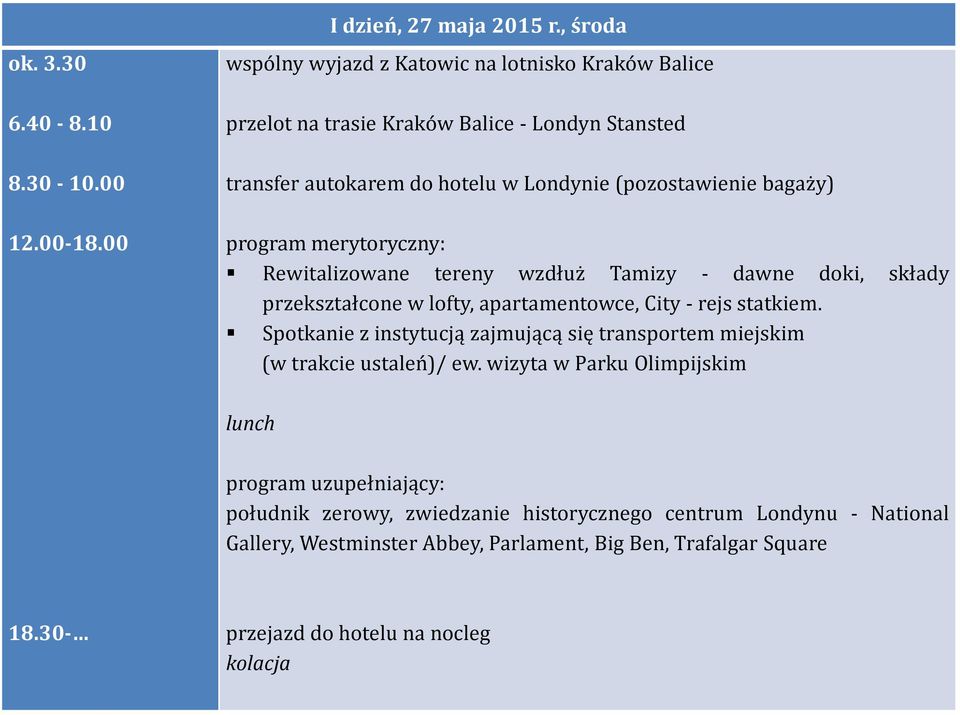 program merytoryczny: Rewitalizowane tereny wzdłuż Tamizy - dawne doki, składy przekształcone w lofty, apartamentowce, City - rejs statkiem.