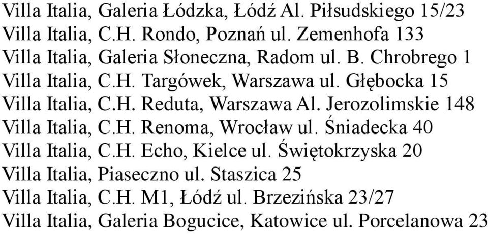 Głębocka 15 Villa Italia, C.H. Reduta, Warszawa Al. Jerozolimskie 148 Villa Italia, C.H. Renoma, Wrocław ul.