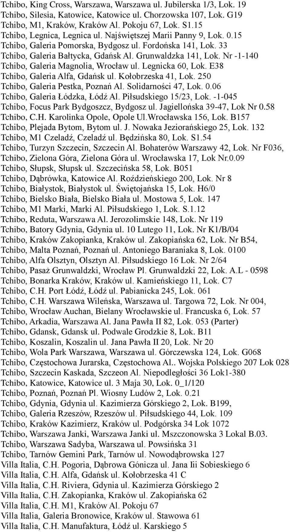 Nr -1-140 Tchibo, Galeria Magnolia, Wrocław ul. Legnicka 60, Lok. E38 Tchibo, Galeria Alfa, Gdańsk ul. Kołobrzeska 41, Lok. 250 Tchibo, Galeria Pestka, Poznań Al. Solidarności 47, Lok. 0.