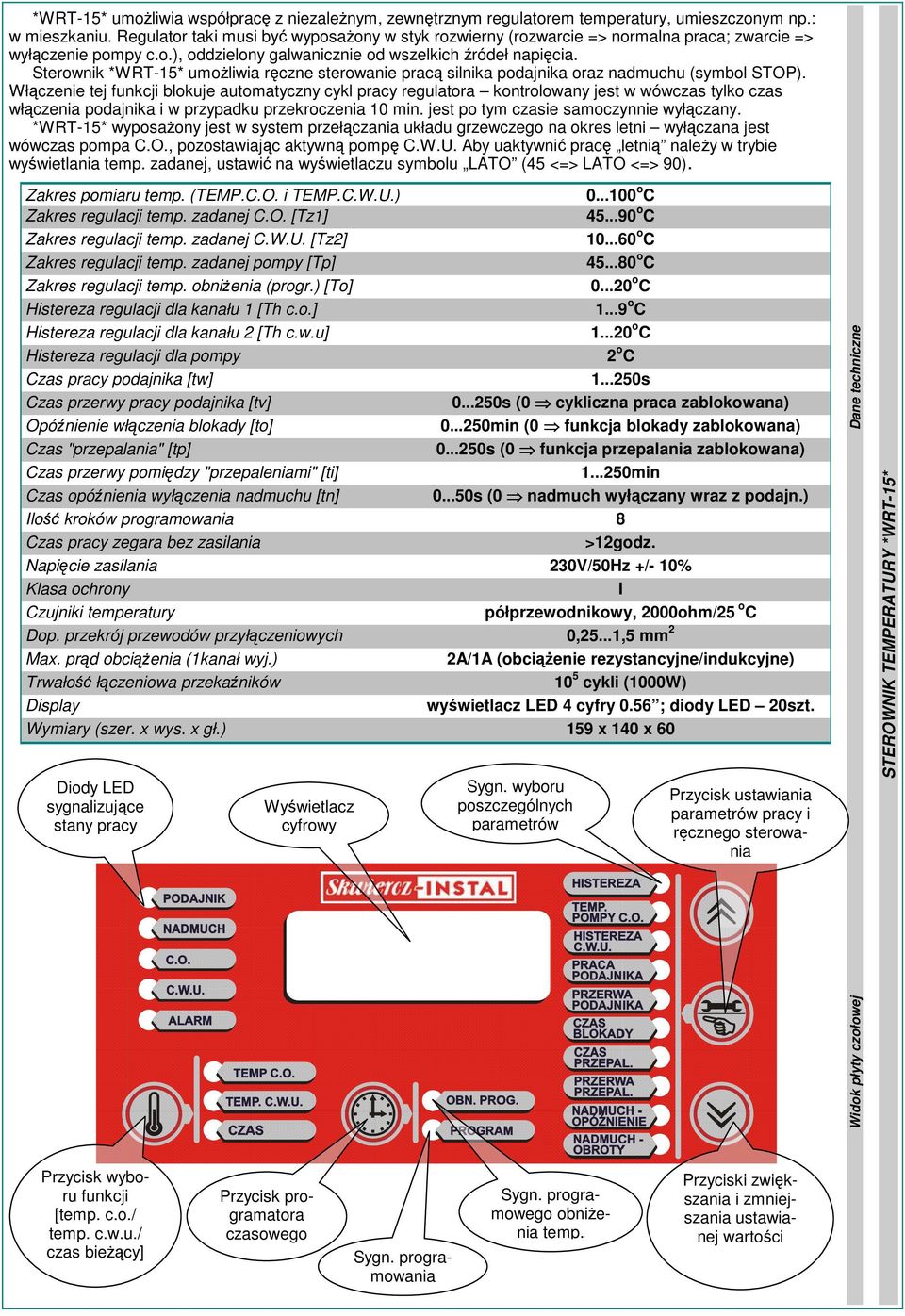 Sterownik *WRT-15* umożliwia ręczne sterowanie pracą silnika podajnika oraz nadmuchu (symbol STOP).