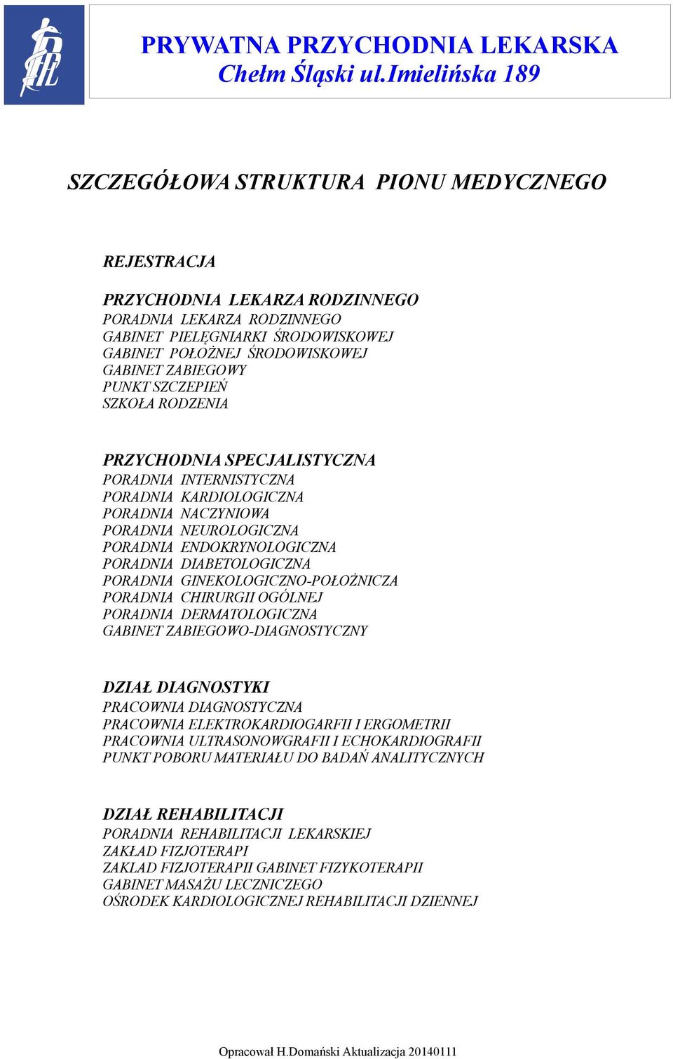 ZABIEGOWY PUNKT SZCZEPIEŃ SZKOŁA RODZENIA PRZYCHODNIA SPECJALISTYCZNA PORADNIA INTERNISTYCZNA PORADNIA KARDIOLOGICZNA PORADNIA NACZYNIOWA PORADNIA NEUROLOGICZNA PORADNIA ENDOKRYNOLOGICZNA PORADNIA