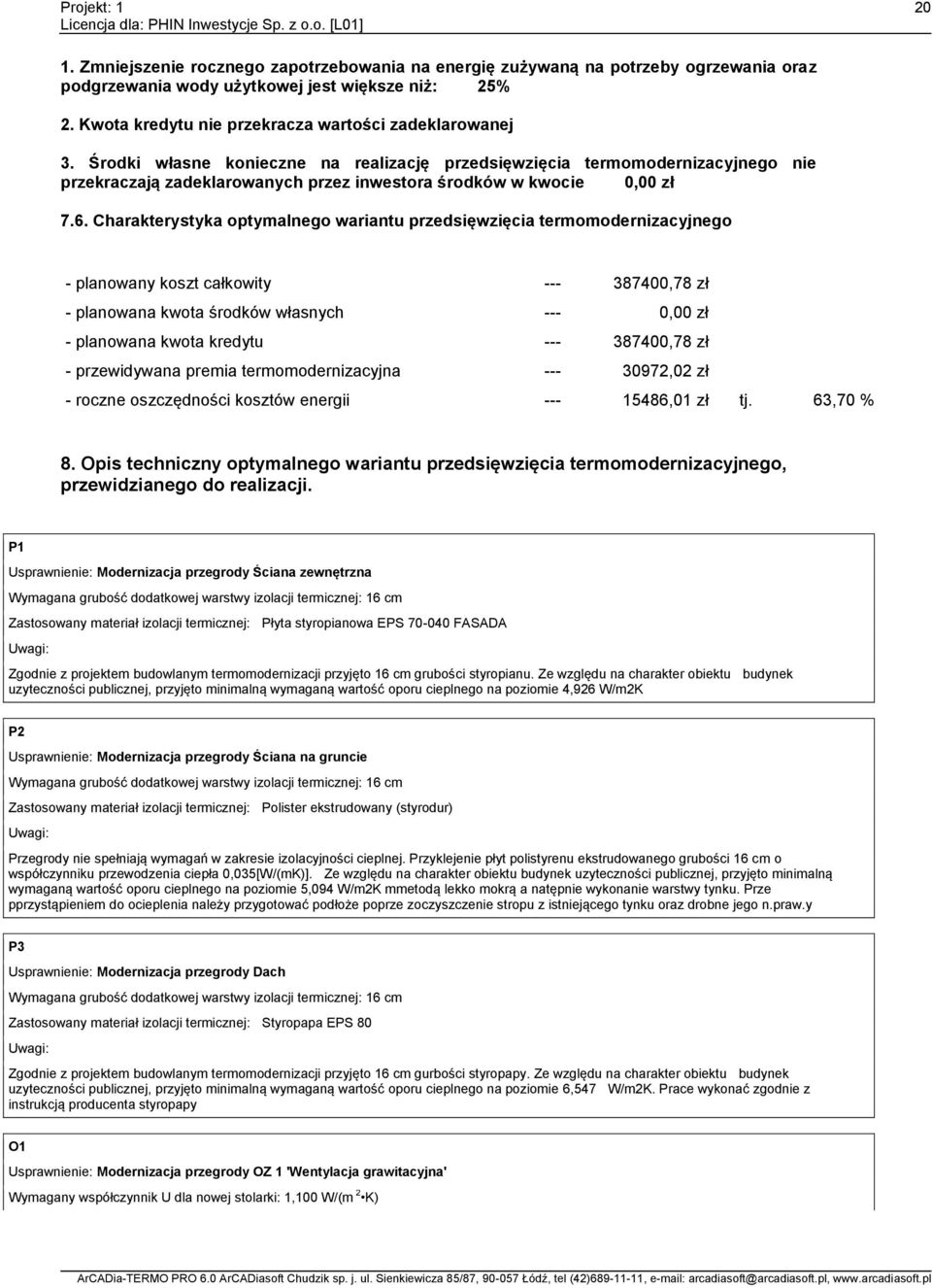 Charakterystyka optymalnego wariantu przedsięwzięcia termomodernizacyjnego - planowany koszt całkowity --- 387400,78 zł - planowana kwota środków własnych --- 0,00 zł - planowana kwota kredytu ---