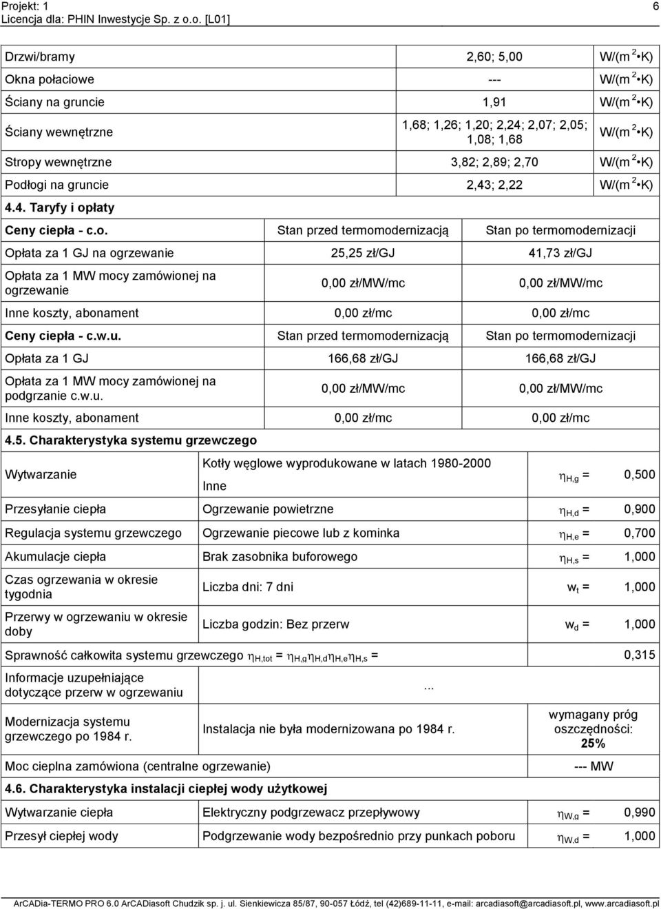 łogi na gruncie 2,43; 2,22 W/(m 2 K) 4.4. Taryfy i opłaty Ceny ciepła - c.o. Stan przed termomodernizacją Stan po termomodernizacji Opłata za GJ na ogrzewanie 25,25 zł/gj 4,73 zł/gj Opłata za MW mocy