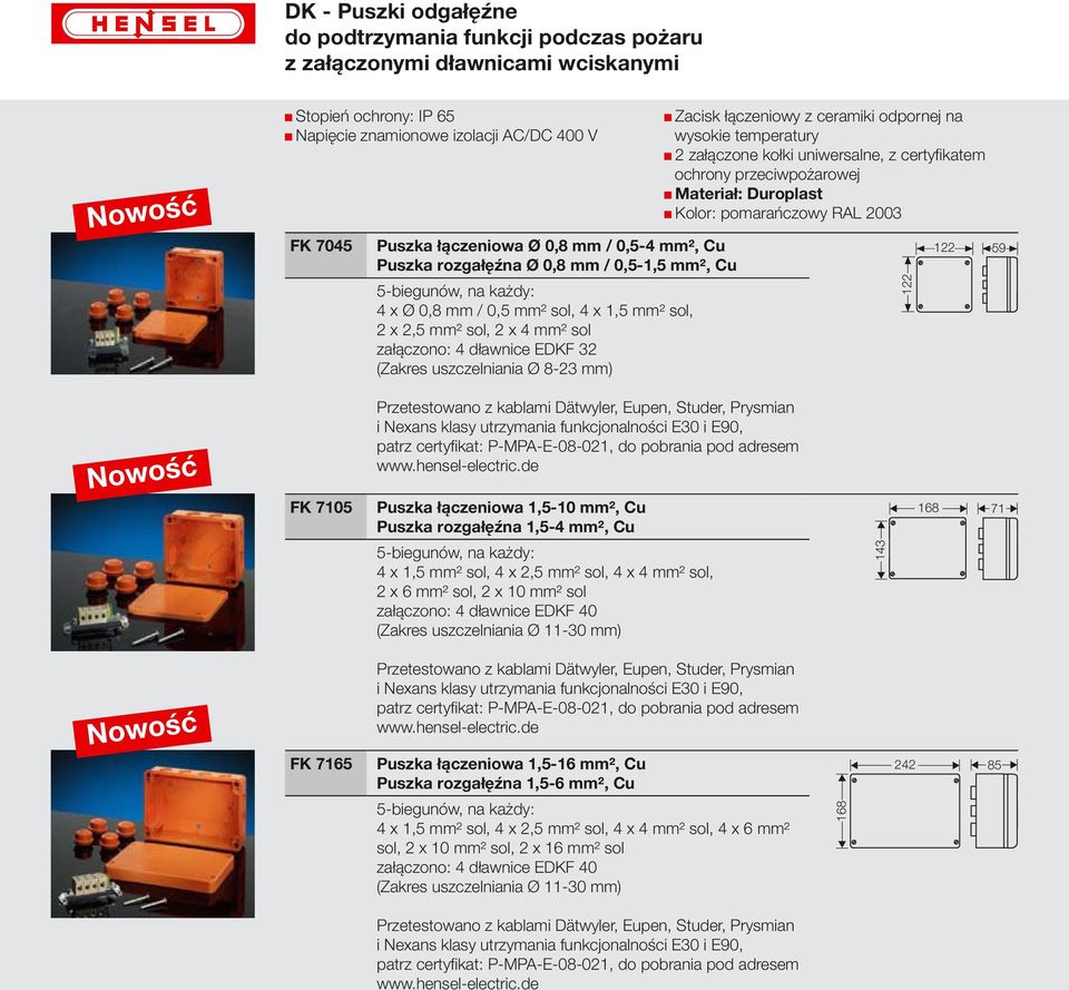 temperatury 2 załączone kołki uniwersalne, z certyfikatem ochrony przeciwpożarowej Materiał: Duroplast Kolor: pomarańczowy RAL 2003 Nowość FK 7105 Przetestowano z kablami Dätwyler, Eupen, Studer,