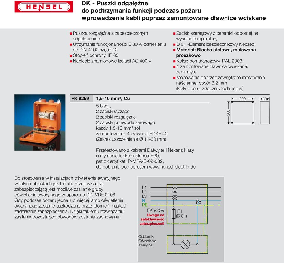 4 zamontowane dławnice wciskane, zamknięte Mocowanie poprzez zewnętrzne mocowanie naścienne, otwór 8,2 mm (kołki - patrz załącznik techniczny) FK 9259 1,5-10 mm², Cu 5 bieg.