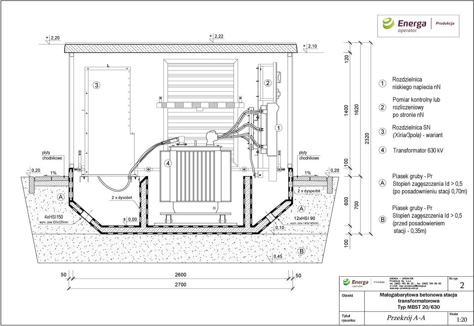 nn Rozdzielnica SN (Xiria/3pola) wariant Transformator 630 kv Piasek gruby Pr Stopień zagęszczenia Id > 0,5 (po posadownieniu