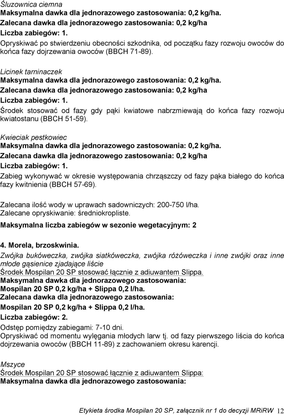 Kwieciak pestkowiec 0,2 kg/ha Zabieg wykonywać w okresie występowania chrząszczy od fazy pąka białego do końca fazy kwitnienia (BBCH 57-69). Zalecana ilość wody w uprawach sadowniczych: 200-750 l/ha.