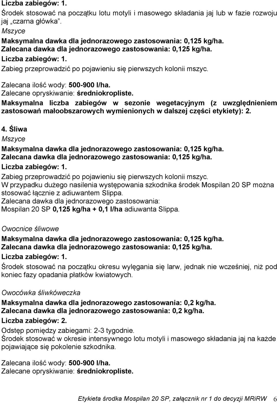 Śliwa Mszyce 0,125 kg/ha. 0,125 kg/ha. Zabieg przeprowadzić po pojawieniu się pierwszych kolonii mszyc.