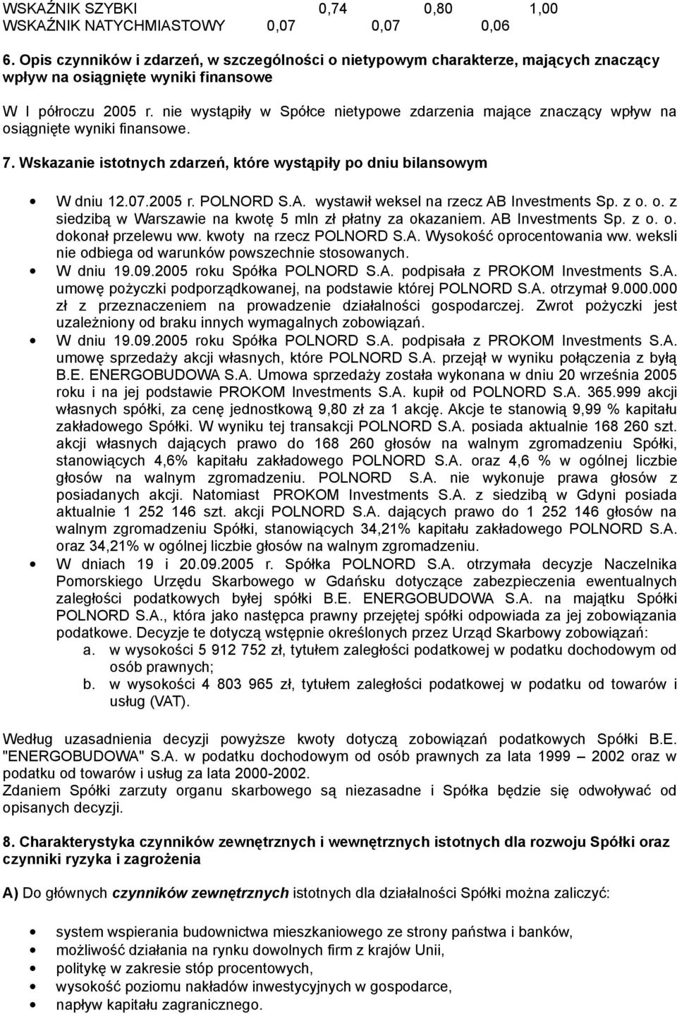 nie wystąpiły w Spółce nietypowe zdarzenia mające znaczący wpływ na osiągnięte wyniki finansowe. 7. Wskazanie istotnych zdarzeń, które wystąpiły po dniu bilansowym W dniu 12.07.2005 r. POLNORD S.A.