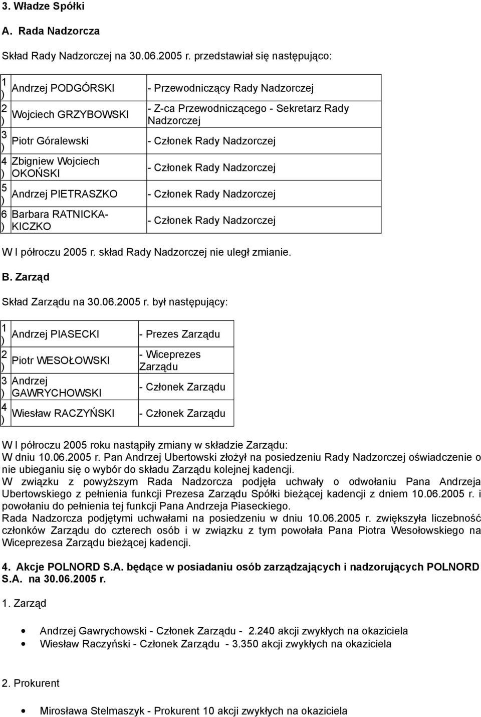 Nadzorczej 4 Zbigniew Wojciech ) OKOŃSKI - Członek Rady Nadzorczej 5 Andrzej PIETRASZKO ) - Członek Rady Nadzorczej 6 Barbara RATNICKA- ) KICZKO - Członek Rady Nadzorczej W I półroczu 2005 r.