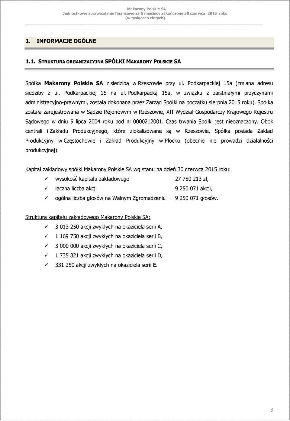 Spółka została zarejestrowana w Sądzie Rejonowym w Rzeszowie, XII Wydział Gospodarczy Krajowego Rejestru Sądowego w dniu 5 lipca 2004 roku pod nr 0000212001. Czas trwania Spółki jest nieoznaczony.