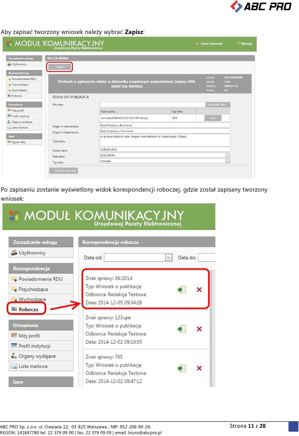 widok korespondencji roboczej, gdzie