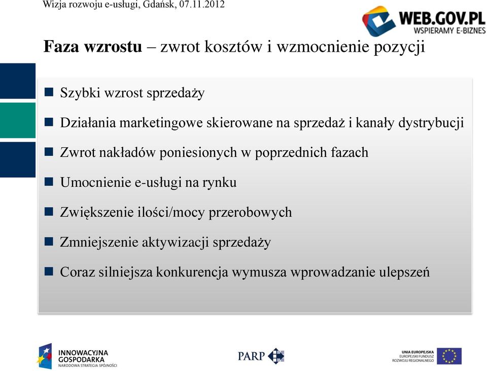 poprzednich fazach Umocnienie e-usługi na rynku Zwiększenie ilości/mocy przerobowych