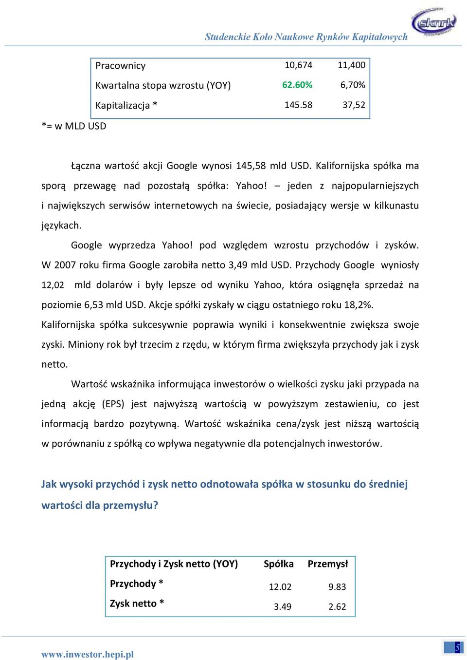 Google wyprzedza Yahoo! pod względem wzrostu przychodów i zysków. W 2007 roku firma Google zarobiła netto 3,49 mld USD.