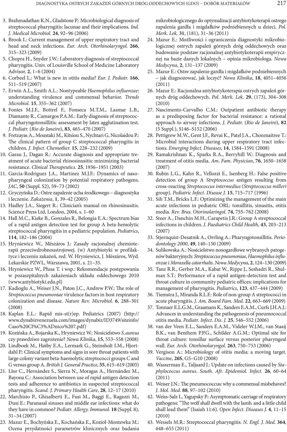 : Current management of upper respiratory tract and head and neck infections. Eur. Arch. Otorhinolaryngol. 266, 315 323 (2009) 5. Chopra H., Snyder J.W.
