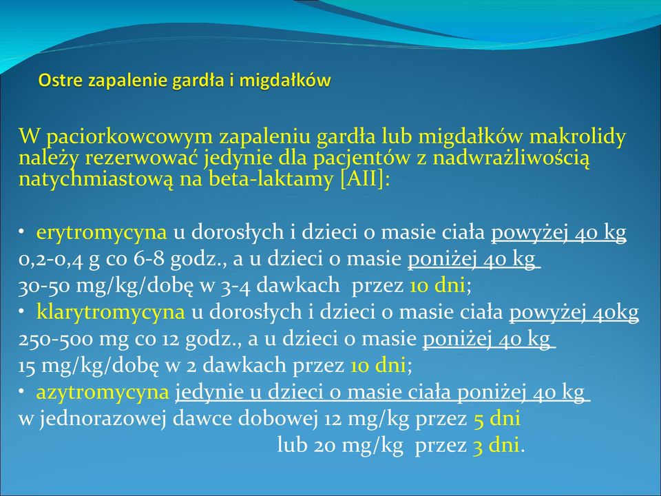 , a u dzieci o masie poniżej 40 kg 30-50 mg/kg/dobę w 3-4 dawkach przez 10 dni; klarytromycyna u dorosłych i dzieci o masie ciała powyżej 40kg 250-500