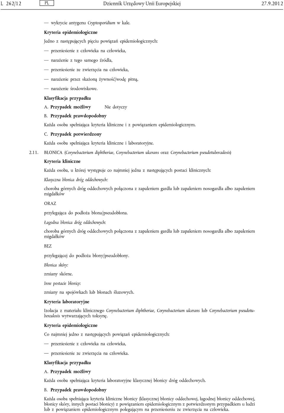 żywność/wodę pitną, narażenie środowiskowe. Każda osoba spełniająca kryteria kliniczne i laboratoryjne. 2.11.